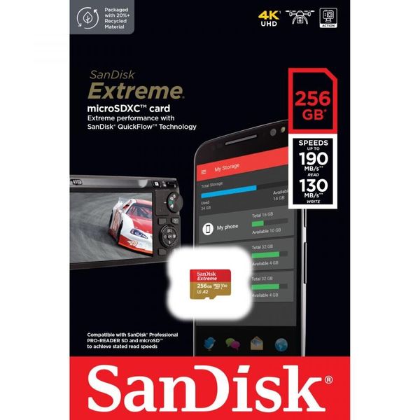 Карта пам'яті SanDisk microSD 256GB C10 UHS-I U3 R190/W130MB/s Extreme V30 (SDSQXAV-256G-GN6MN) 30887 фото